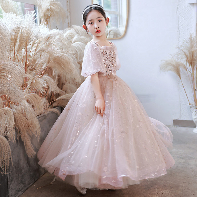 2026新款儿童主持人礼服女童粉色公主裙婚礼女孩钢琴表演演出服小