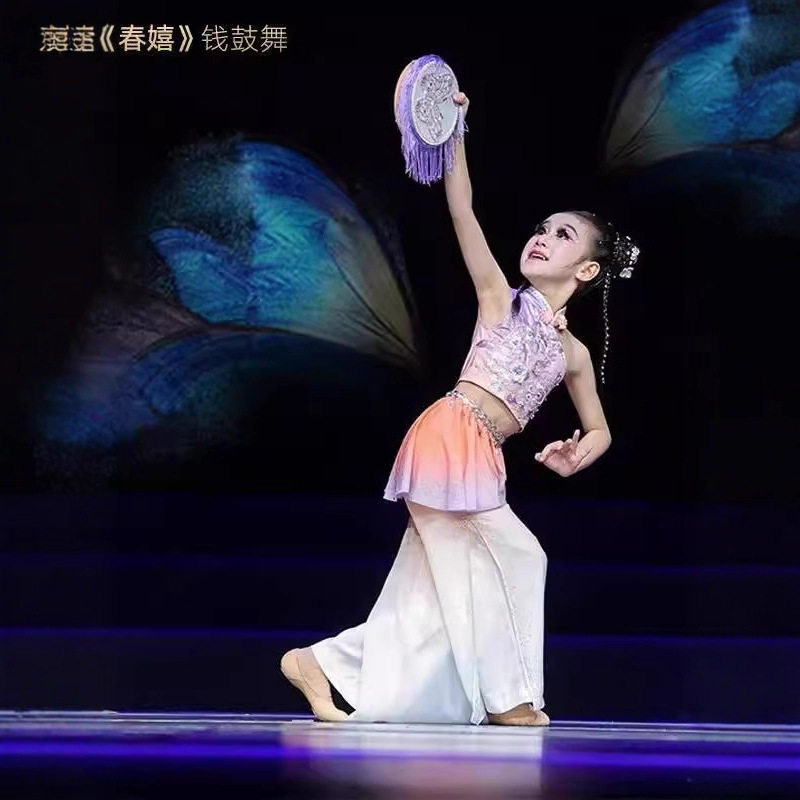 2026新款儿童钱鼓舞春嬉舞蹈服胶州秧歌表演服女古典舞铃鼓道具芳