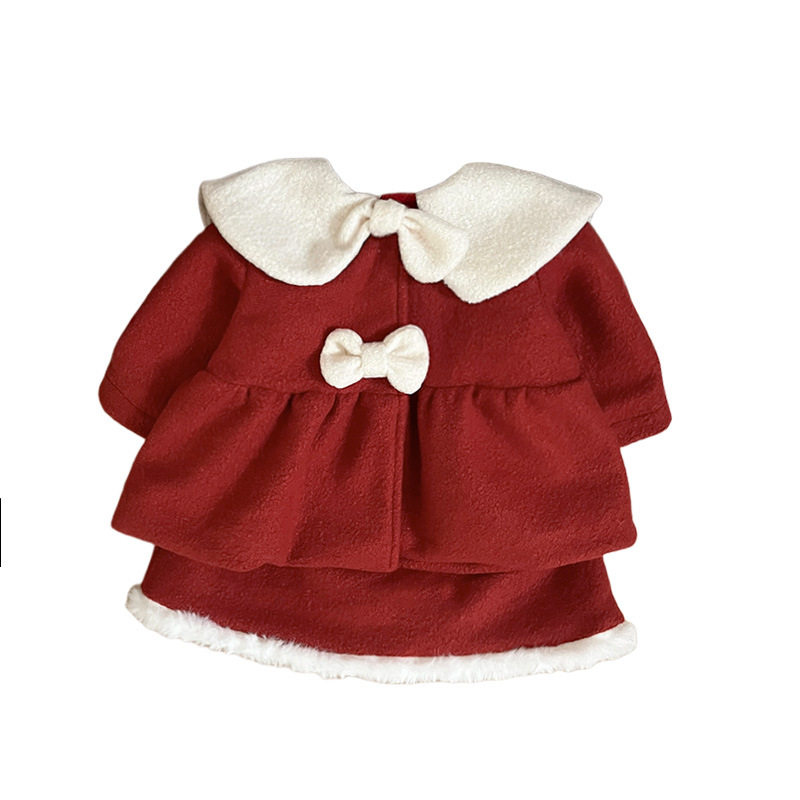 2025新款女童秋冬拜年套装红色毛呢儿童可爱娃娃领外套半身裙
