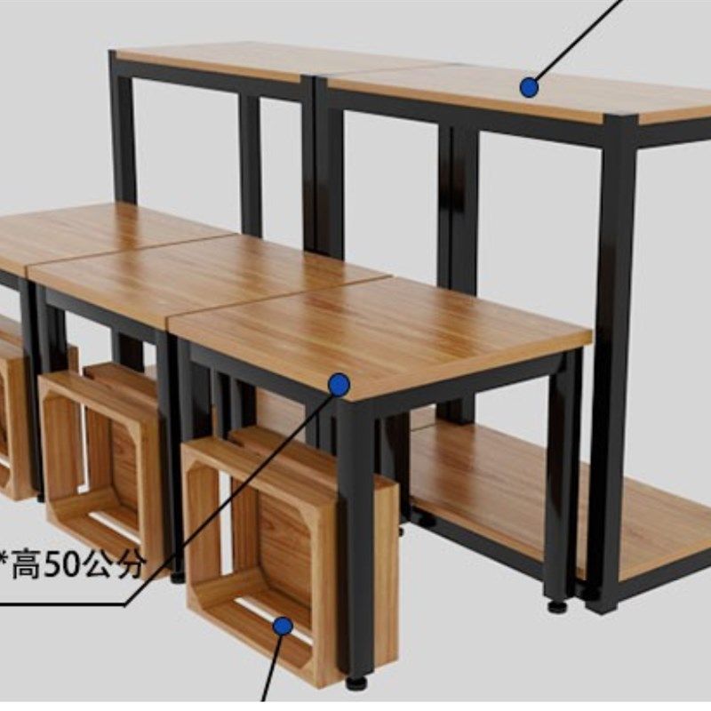 超市酒水堆头展示架钢木桌子木盒堆头货架桌牛奶展示台木框木筐台