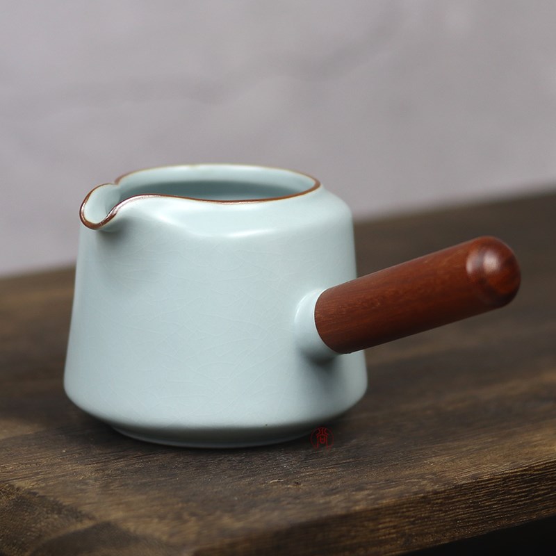 汝窑天青开片可养侧把公道杯陶瓷分茶器大号公杯带茶滤茶漏一套装