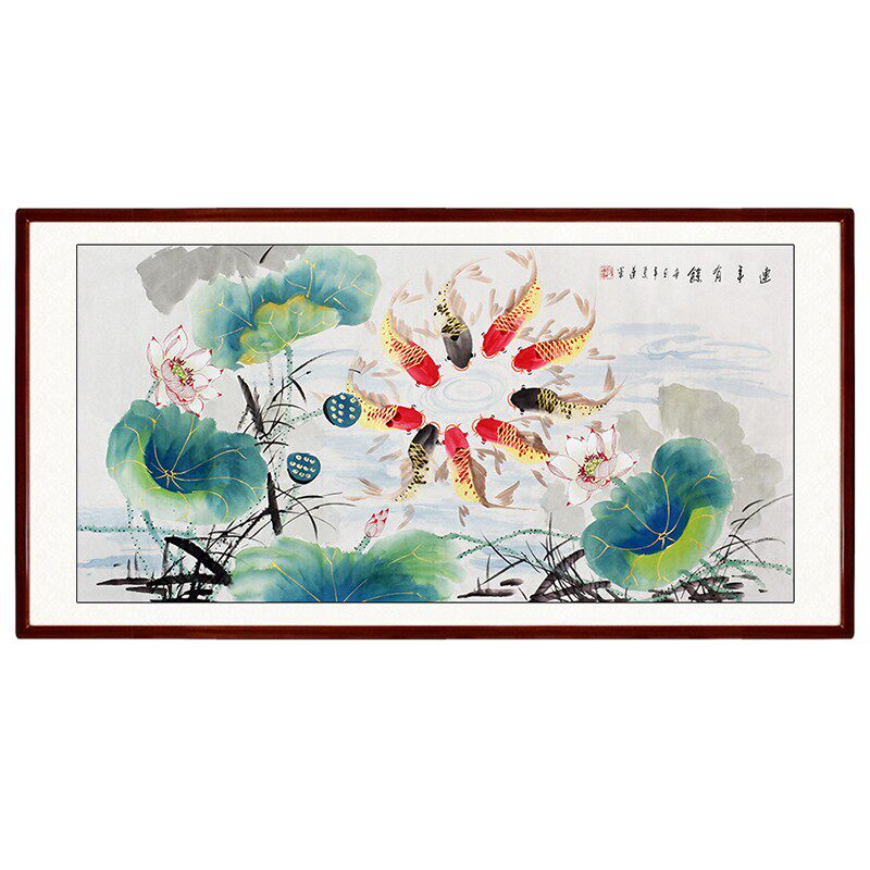 纯手绘荷花九鱼图写意水墨画国画客厅餐厅卧室挂画画芯卷轴可带框