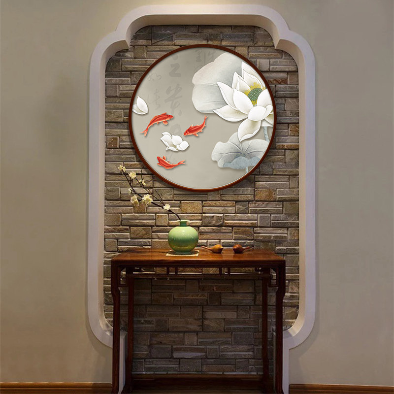 九鱼壁挂画玄关装饰鲤圆形中式客厅招财入户餐厅背景墙锦画鱼图画