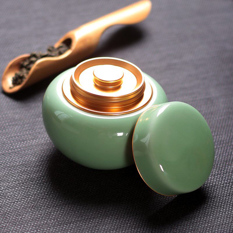 茶具茶叶罐龙泉便携金属陶瓷密封青瓷存茶罐锡罐陶瓷罐茶叶包装盒