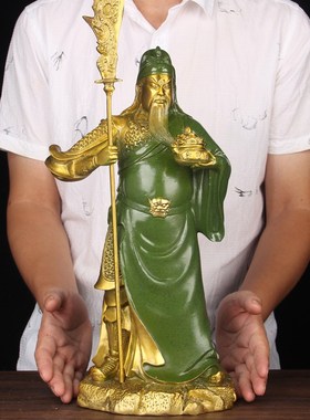 铜关公摆件 彩绘绿铜关羽摆件