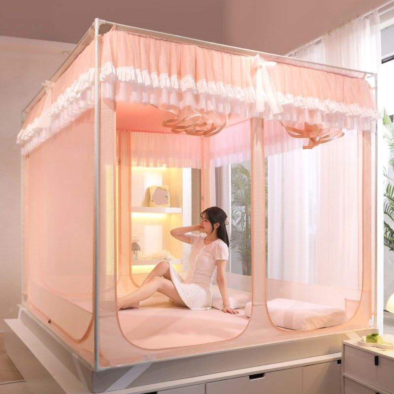 三开门儿童方顶蚊帐防摔公主拉链支架蚊帐双人1.8加大2.0床防掉床