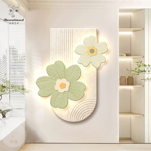 奶油风入户玄关装饰画3D立体花卉走廊过道壁画led灯砂岩客厅挂画