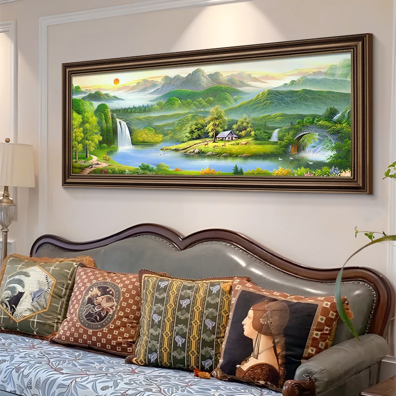 聚宝盆山水画客景挂画风景手绘墙画沙发背厅墙装饰画西油聚财壁画