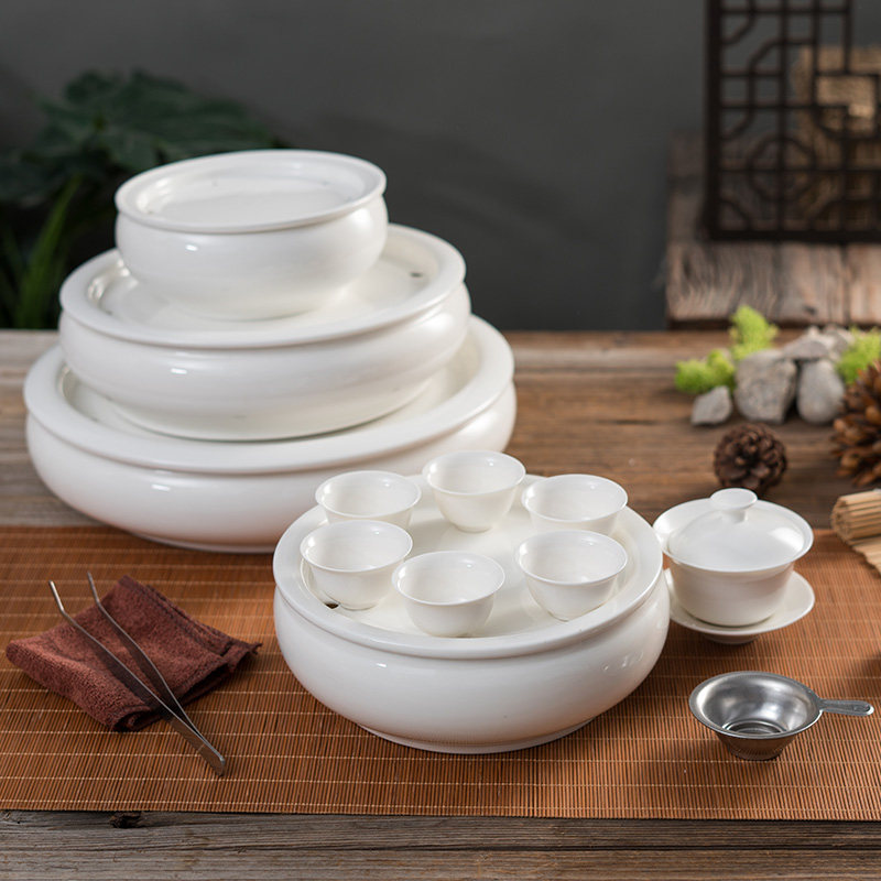 潮汕陶瓷功夫茶盘台干泡台圆形家用茶托储水式各尺寸茶盘茶海荼船