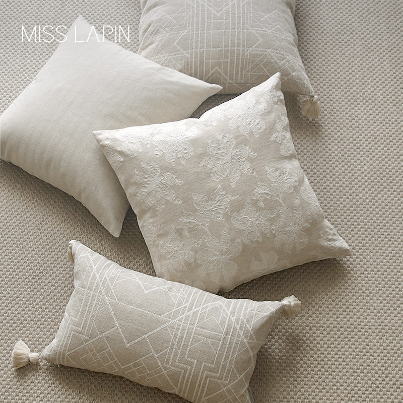 澜品花枝玉兰法式棉麻流苏抱枕 沙发米色靠垫客厅腰枕靠枕,居家布艺,靠垫/抱枕,淘宝优惠券,粉丝福利购,淘宝优惠卷