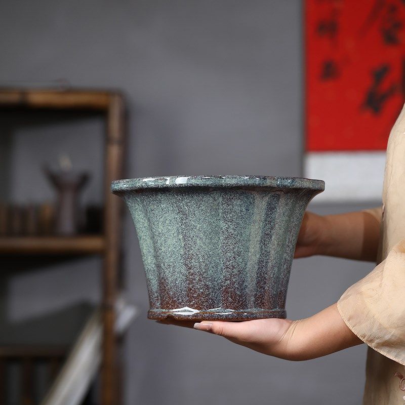 典香阁紫砂 手工绿式矮型花盆 桌面盆景盆室内兰花中植古清花器