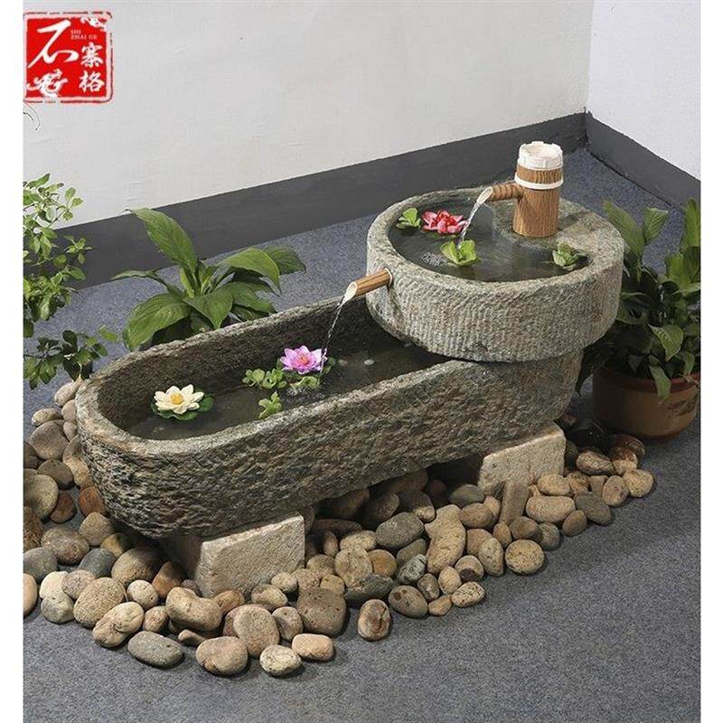 石旧流水石槽鱼缸家用阳台石盆古景造磨石器创意瓦罐喷泉流水景观