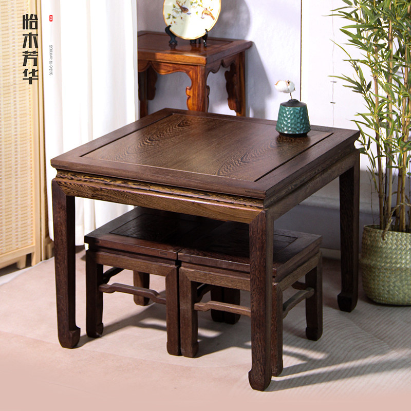 红木家具鸡翅木餐桌正方形棋牌桌实木八仙桌整装中式休闲桌马蹄桌