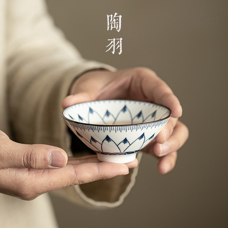 青花瓷功夫茶杯6只茶具套装陶瓷斗笠杯茶盏杯单杯盖碗茶碗主人杯