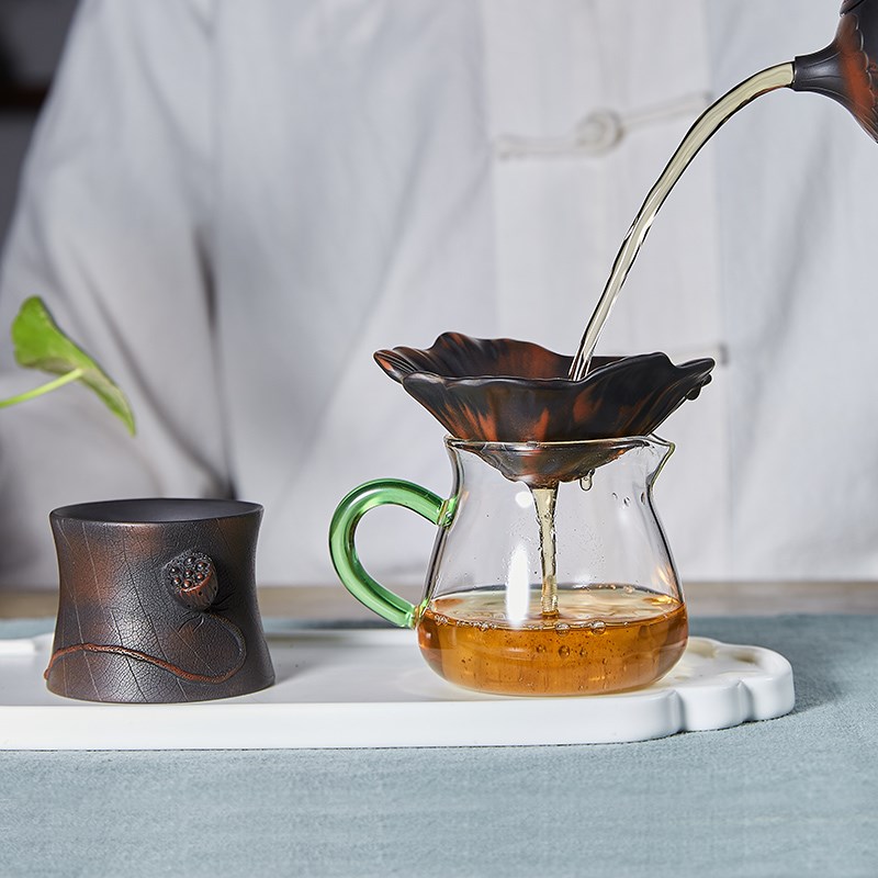 建水紫陶茶漏纯全手工制荷花茶叶过滤器茶桌摆件