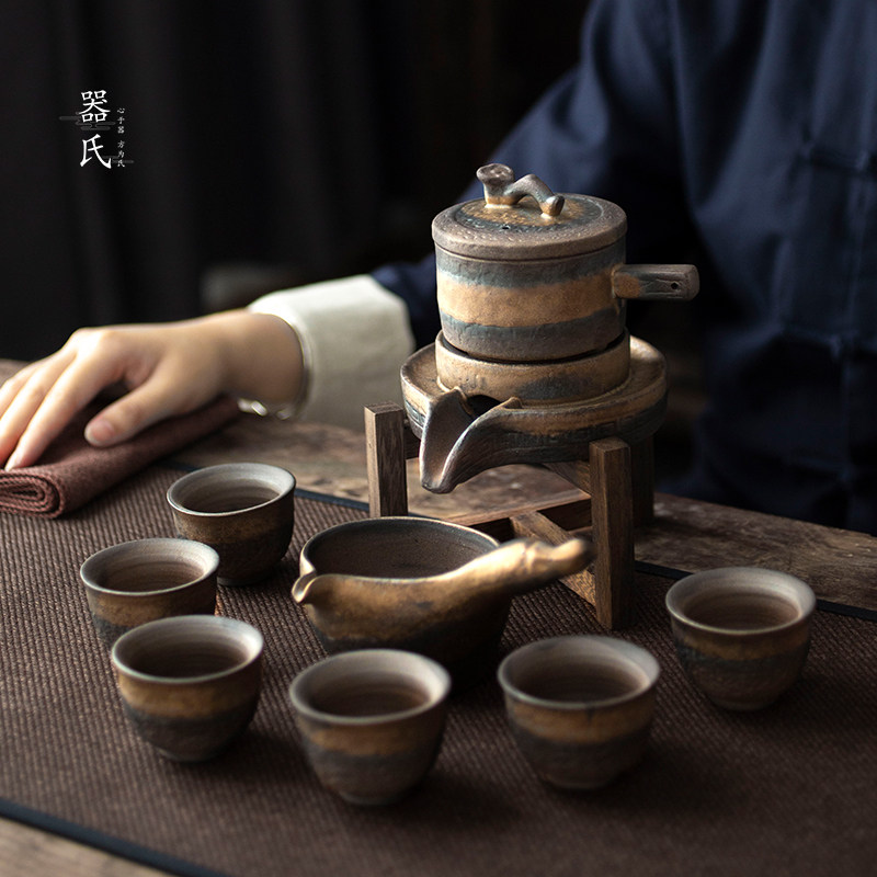 粗陶半自动茶具懒人功夫套装复古陶瓷石磨泡茶器家用冲茶器