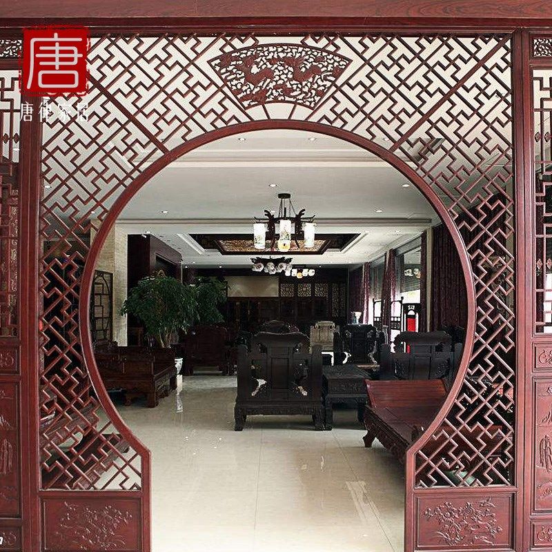 唐律东花木雕阳格洞厅玄关月客门隔断实木仿古中式落地罩月亮拱门