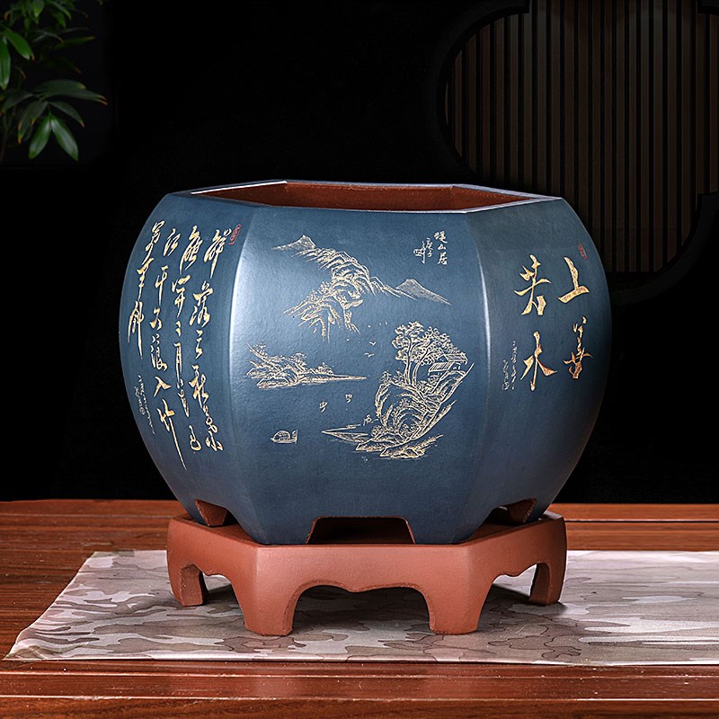 宜兴紫砂花盆陶瓷呙口六方花花座君子兰花盆兰底带盆紫砂盆景盆