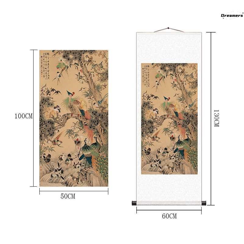 唐伯百鸟朝凤图 国画虎 玄关客厅装饰画中式花鸟丝绸画挂卷画厂家
