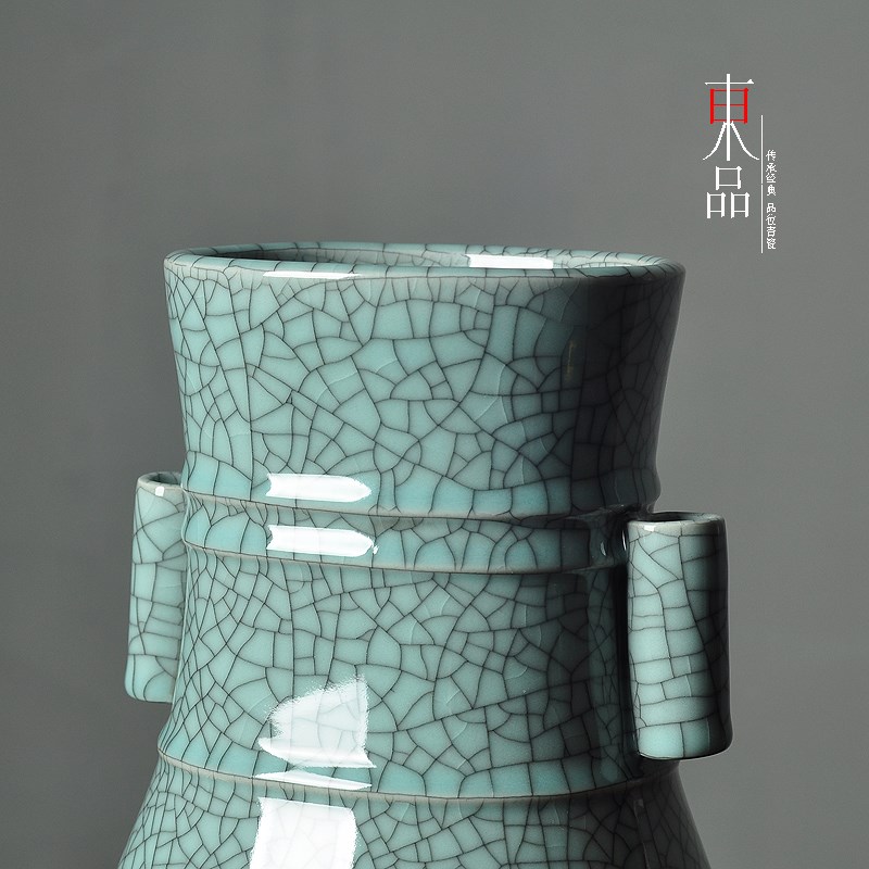 青瓷大号花瓶家居摆件博古架玄关摆设哥窑贯耳瓶台面插花器装饰品
