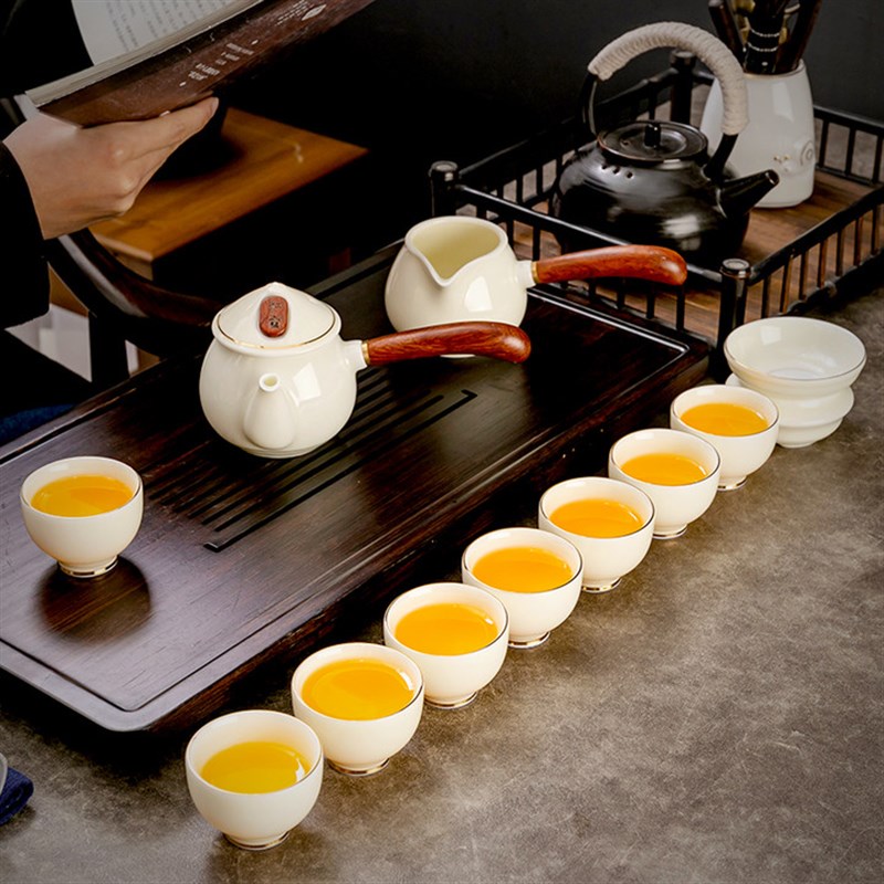 家用新款中式风宝石黄茶茶会客小套脂碗泡杯羊盖玉功夫茶具套装