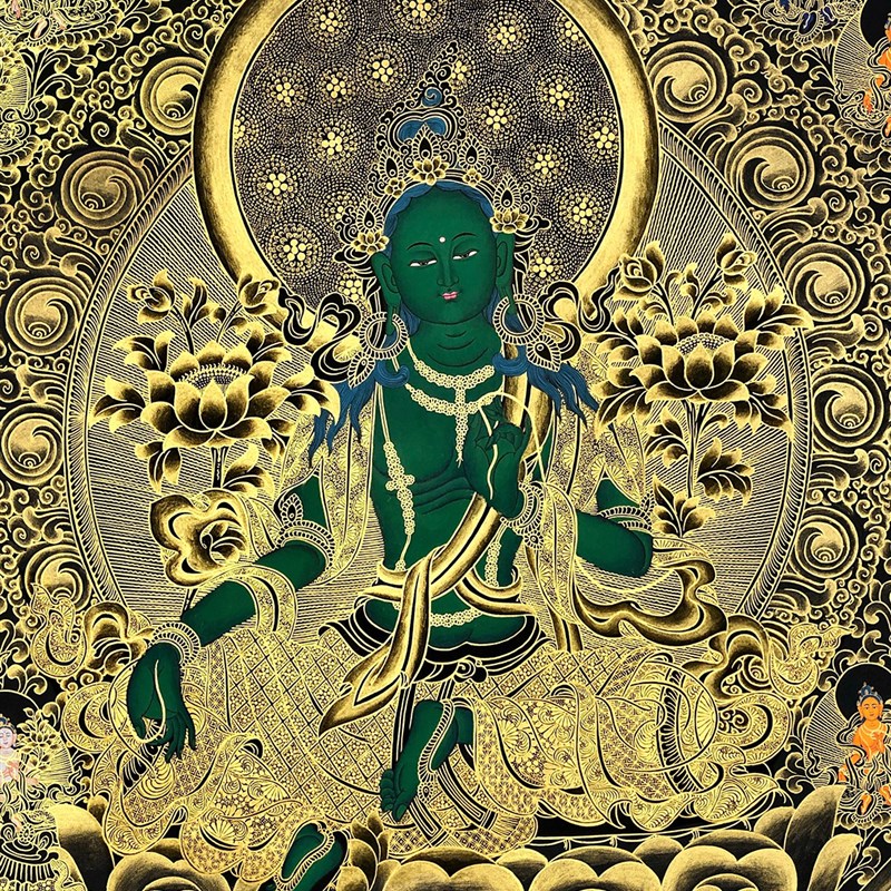 绿度母西金画卡唐稿描藏手绘DIY描金唐卡静心减压白描涂色装饰画