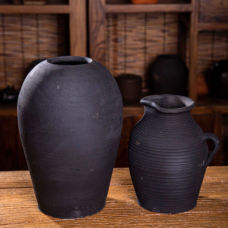 手工黑陶土陶罐粗陶花瓶无釉陶器泥茶罐复古酒件摆店民宿瓦室装饰