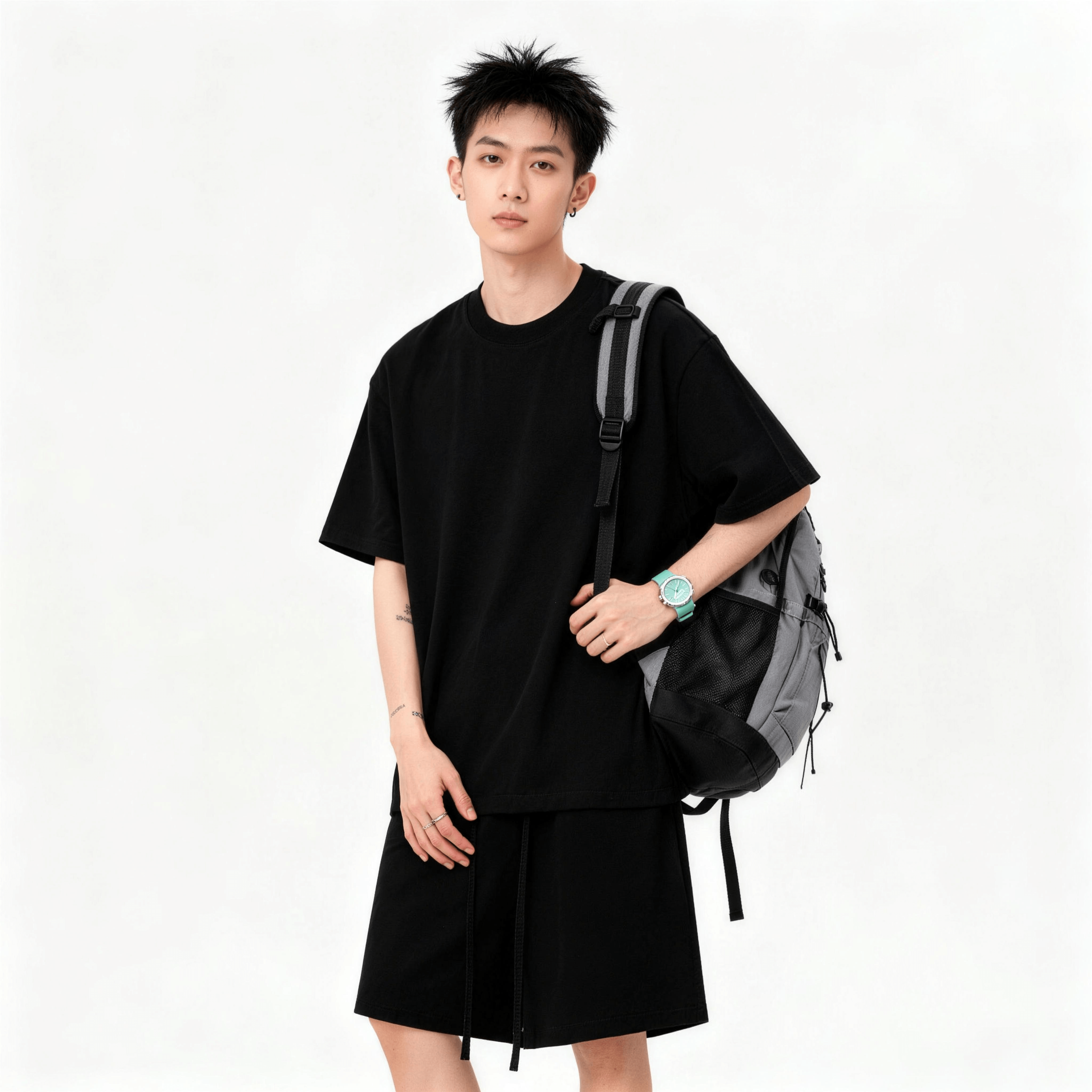 重磅纯棉夏季松弛感工装短袖t恤休闲套装男女百搭五分短裤两件套