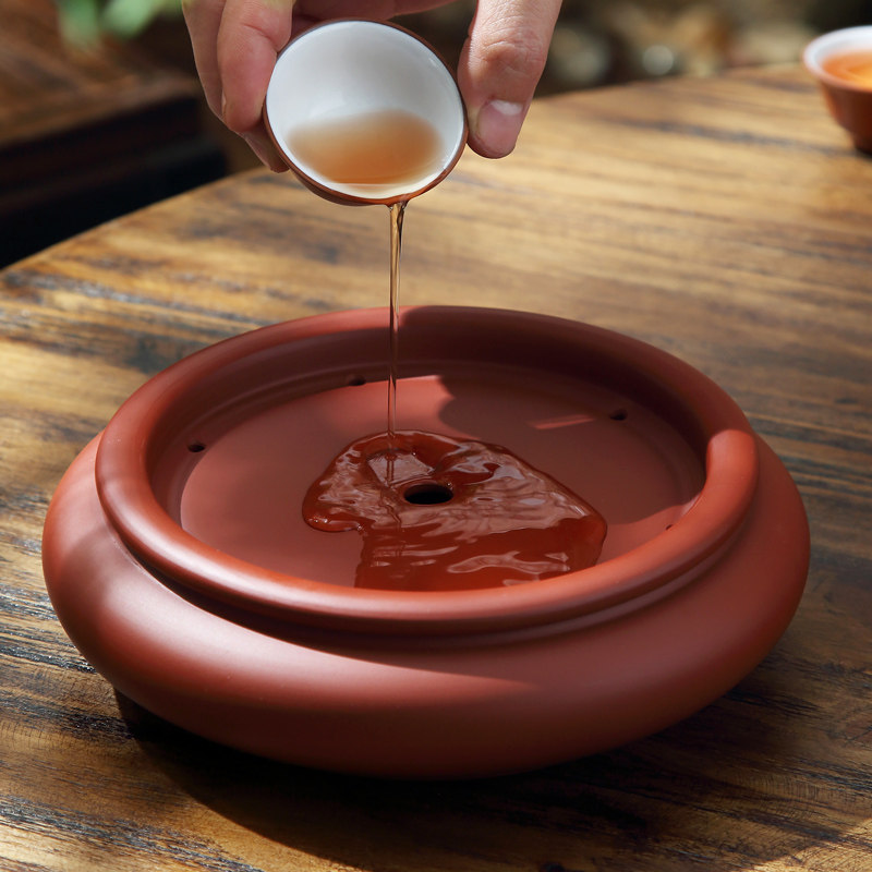 潮州手拉茶盘复古朱泥铜钱茶船圆形干泡台紫砂壶承鼓形10寸茶海