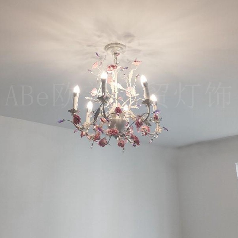 ABe爱贝灯饰 浪漫法式田园粉红色花朵水晶吊灯 公主女孩房卧室灯