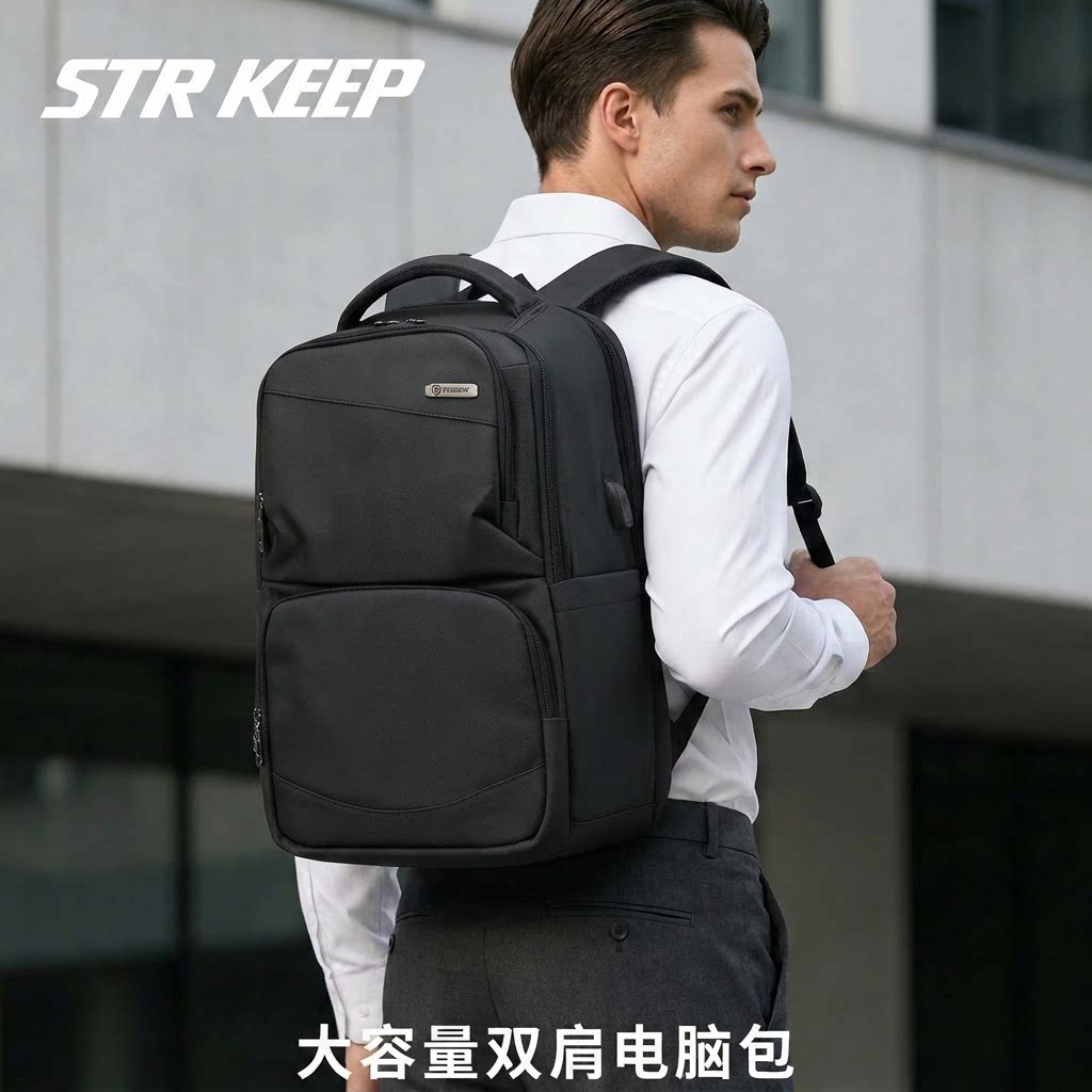STRKEEP男女黑色商务双肩包大容量通勤电脑出差防水背包舒行客