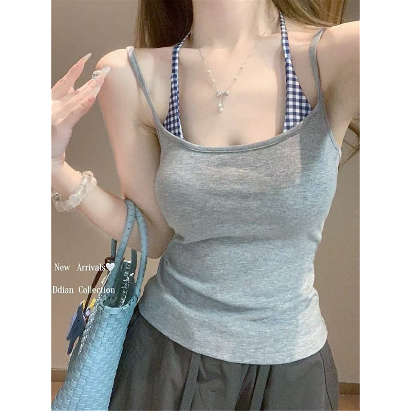 泰式独特海边吊带假两件带胸垫背心女夏装巨好看灰色挂脖无袖上衣