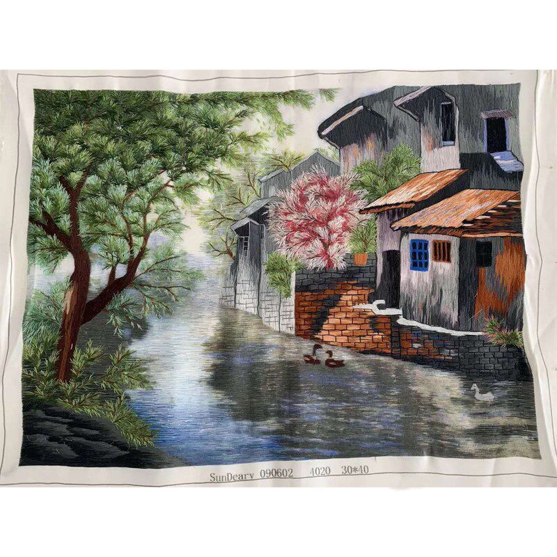 苏绣水乡绣片纯手工刺绣书房卧室水墨画国画江南风景小桥流水人家