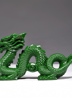 绿色木质五爪青龙摆件实木雕刻补角木制客厅卧室生肖吉祥物工艺品