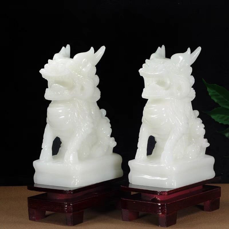 天然玉石麒麟摆件一对招财送子玉麒麟客厅玄关办公室乔迁开业贺礼