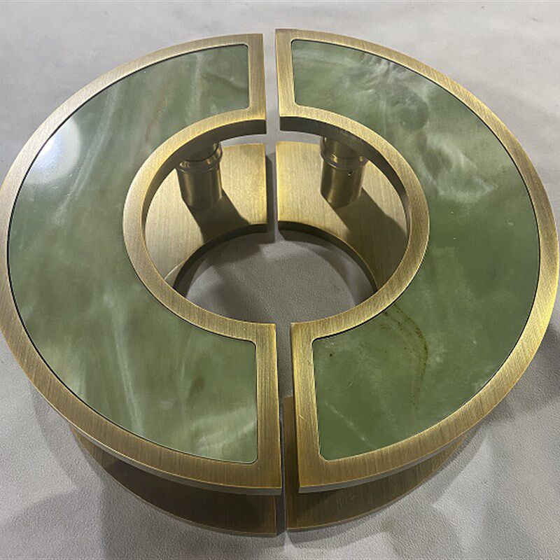 中式镶嵌玉石大门拉手黄古铜边框镶嵌玉石半圆形古铜木门柜门把