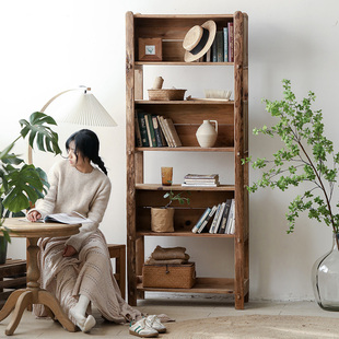 四格高架书柜客厅侘寂风复古民宿装饰书架办公室老松木实木置物柜
