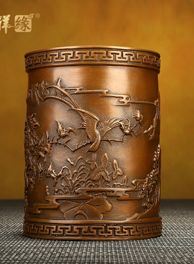 德祥缘 紫铜喜鹊笔筒摆件商务礼品书房办公室桌面摆设工艺品礼品