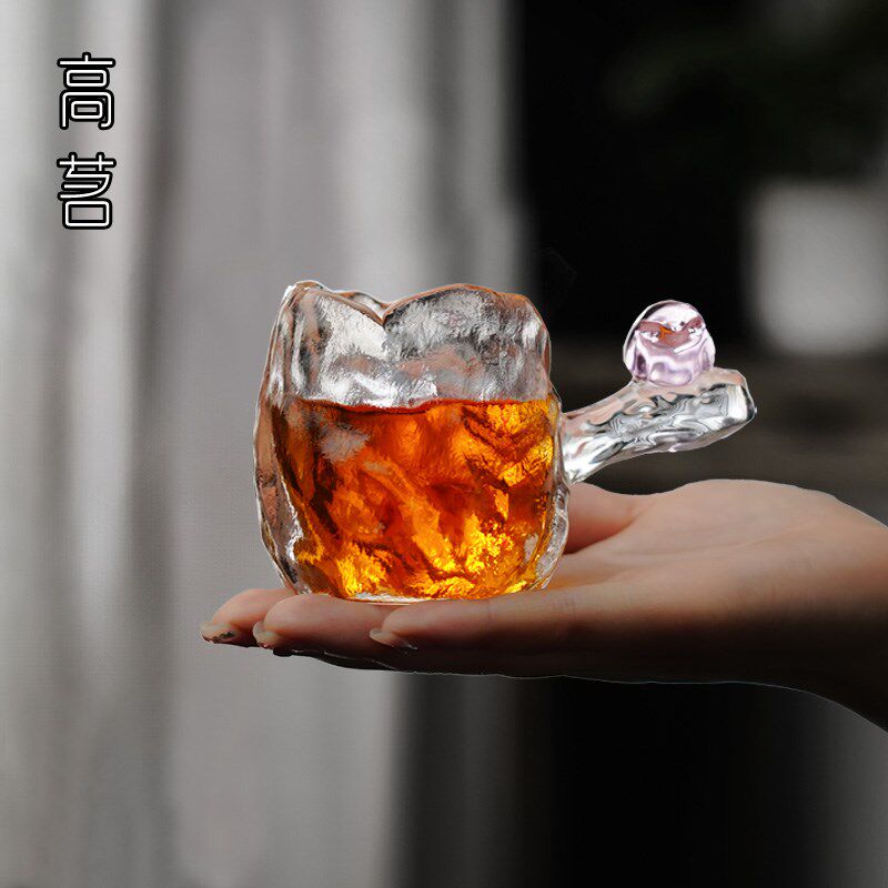 水晶玻璃小茶杯带把品茗杯透明喝茶小杯子手工锤纹主人杯单个高端