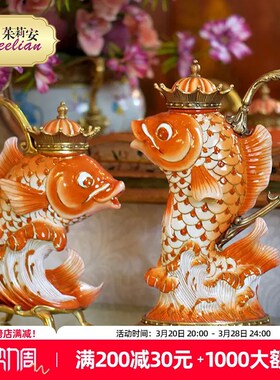 茱莉安法式奢华陶瓷彩绘艺术橙色锦鲤造型装饰别墅桌面工艺品摆件