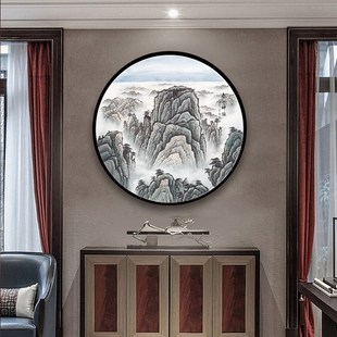 手绘国画山水画玄关圆形挂画泰山神韵无水无太阳实木框