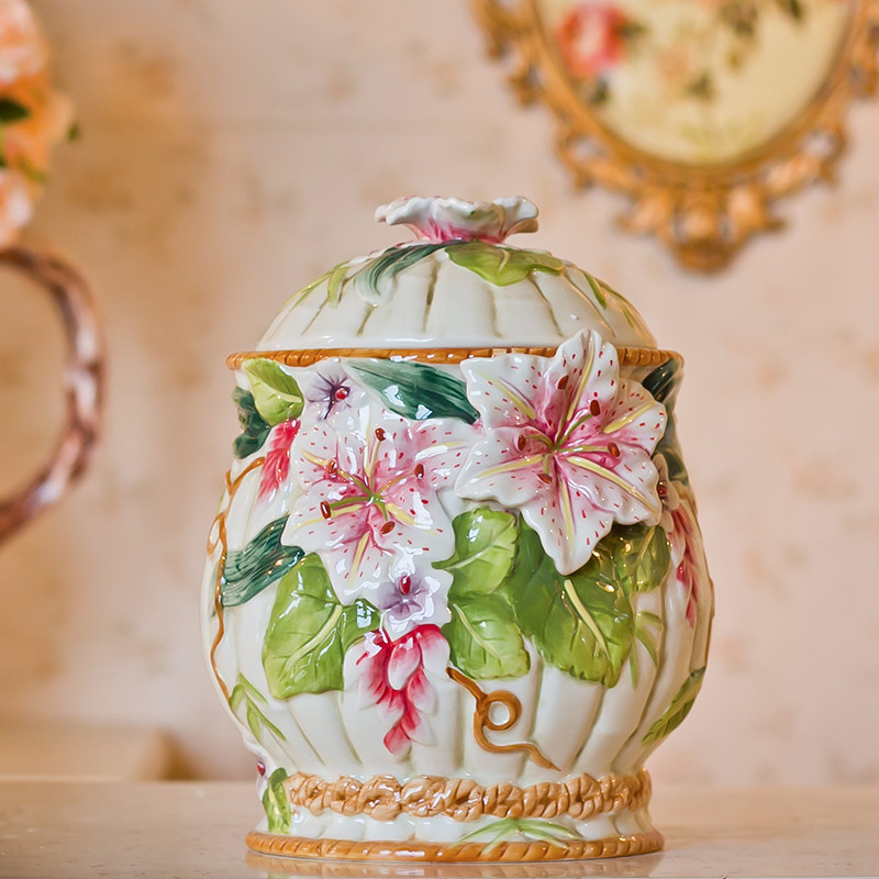 方亚欧式陶瓷百合富贵竹密封罐茶叶饼干糖果罐防潮客厅茶几摆件