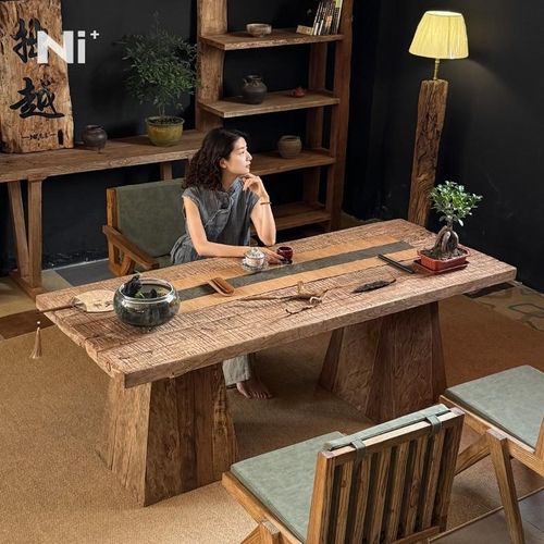 Ni+尼家实木茶桌茶台侘寂风茶室办公室复古风化老木泡茶桌椅组合