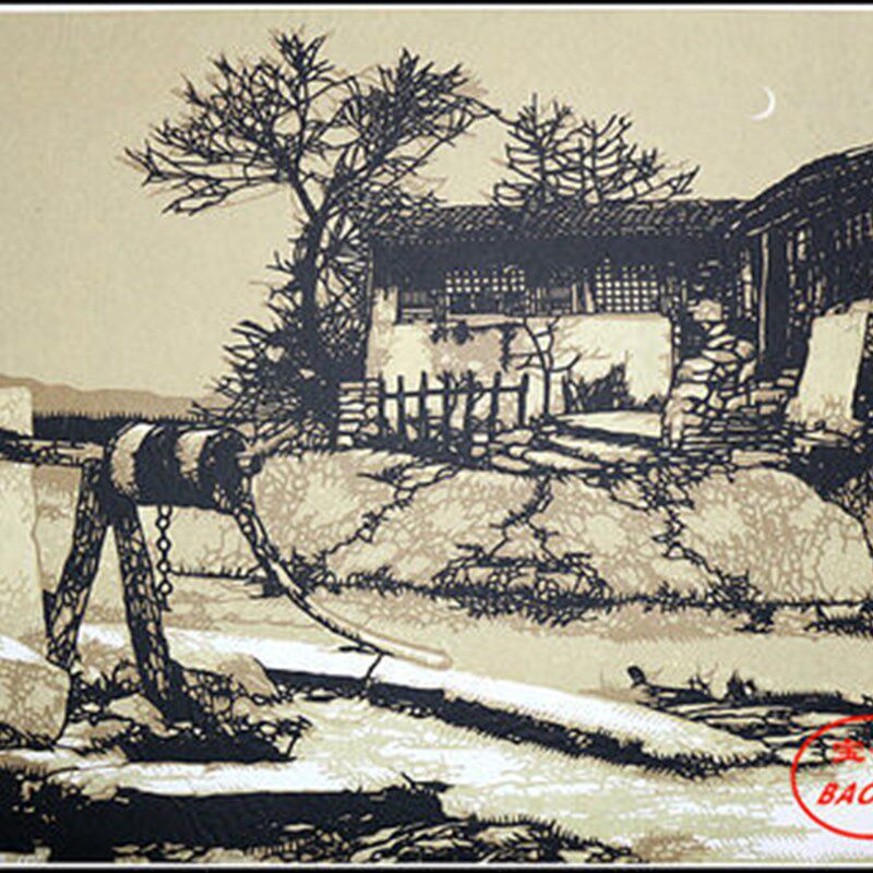 风景装饰画特色创新多层套色剪纸水井画家居装饰画出国礼品送老外