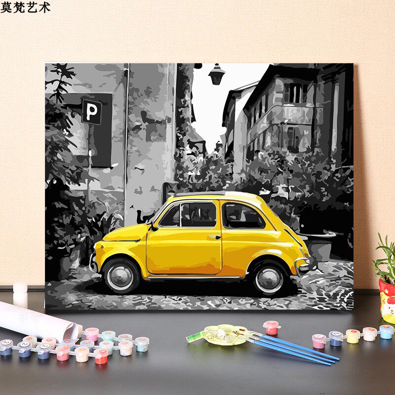 画画diy手工填充数字油画儿童房复古小车欧洲街头手绘涂色油彩画