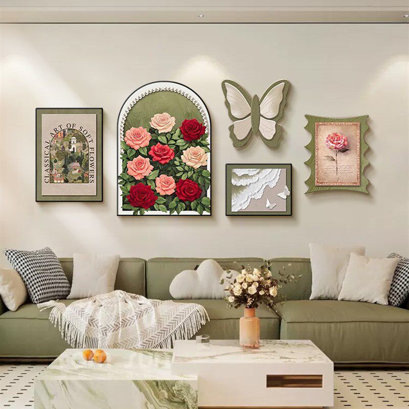 中古风客厅装饰画蝴蝶法式覆古沙发背景墙挂画高级感玫瑰组合壁画