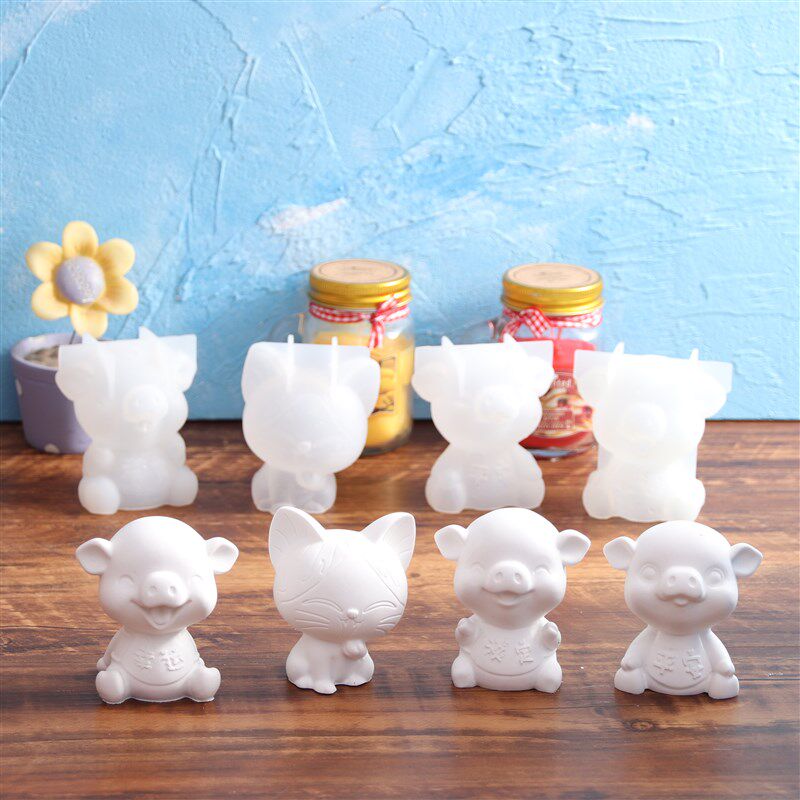 香薰石膏摆件滴胶模具镜面3D立体平安幸运淡定小猪猫DIY硅胶模具