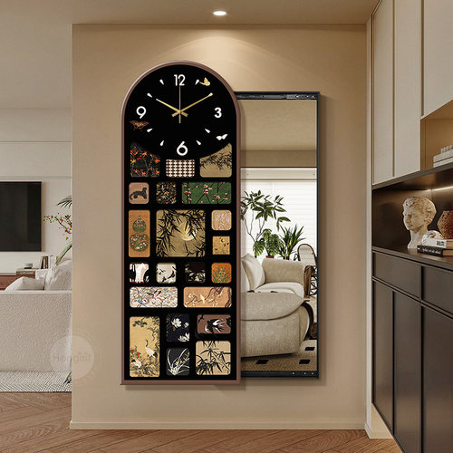 中古风推拉式穿衣镜装饰画带钟表客厅玄关隐藏镜子壁画全身镜挂画