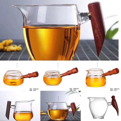 明信唐木璃侧把公杯分茶器高硼硅耐热玻璃实木杯把