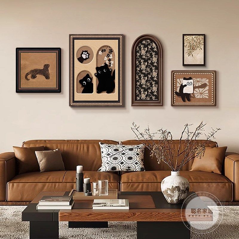 中古风客厅装饰画高级感猫咪沙发背景墙面挂画法式复古风组合壁画,家居饰品,现代装饰画,淘宝优惠券,粉丝福利购,淘宝优惠卷